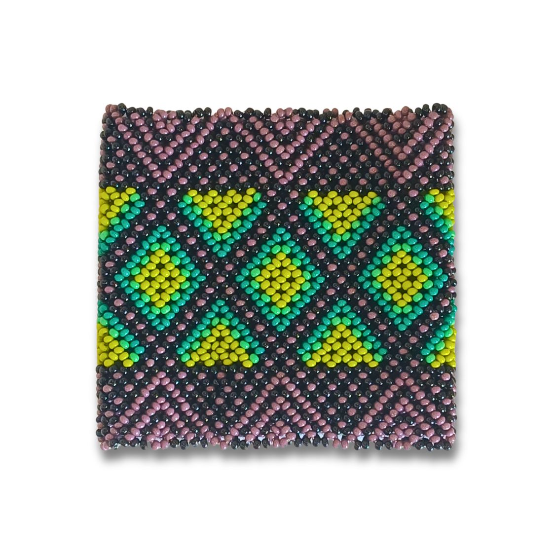 Pulseira de miçangas Waura elástica roxa com faixa de triângulos amarelos e verdes