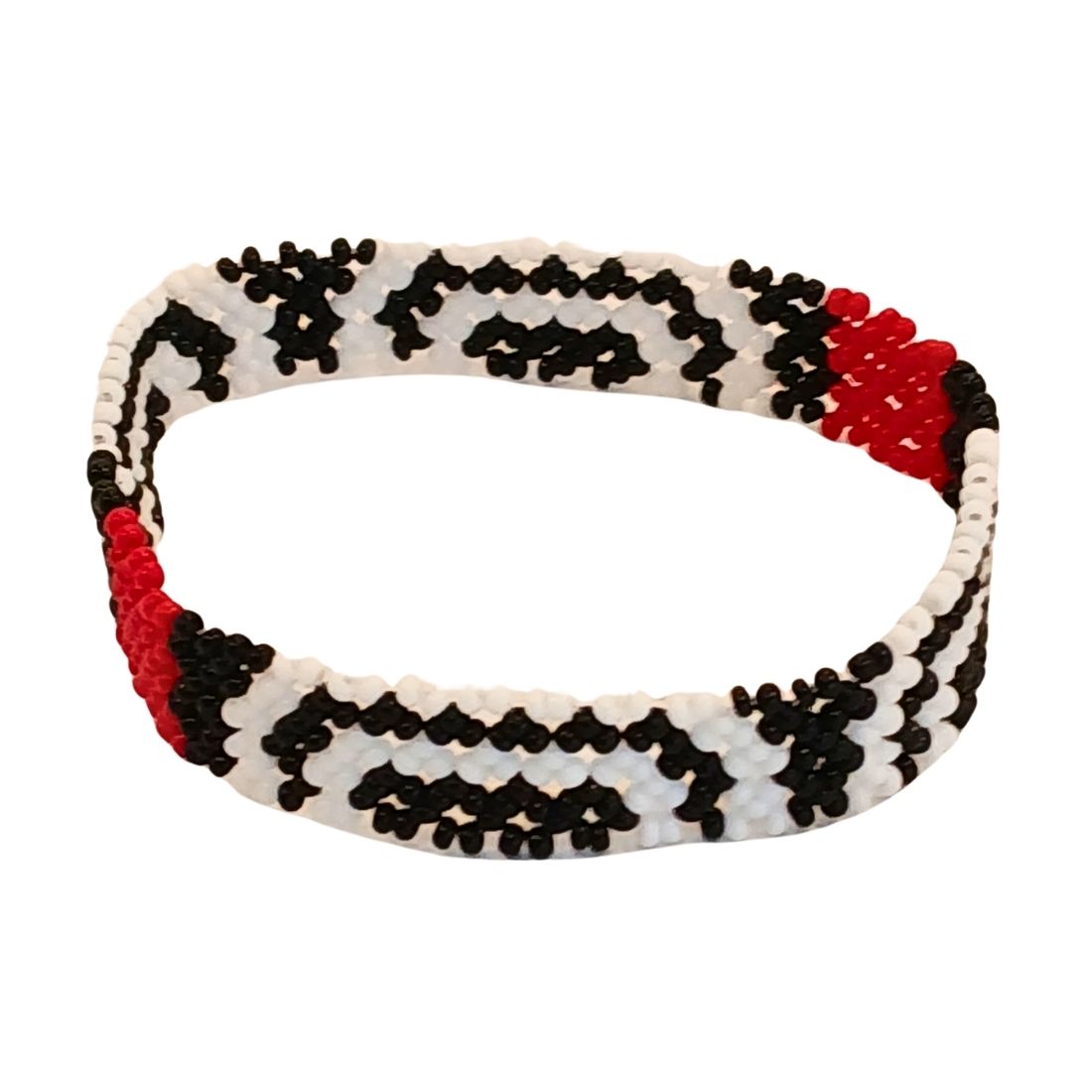 Pulseira de miçangas elástica preta, branca e vermelha, padrão geométrico