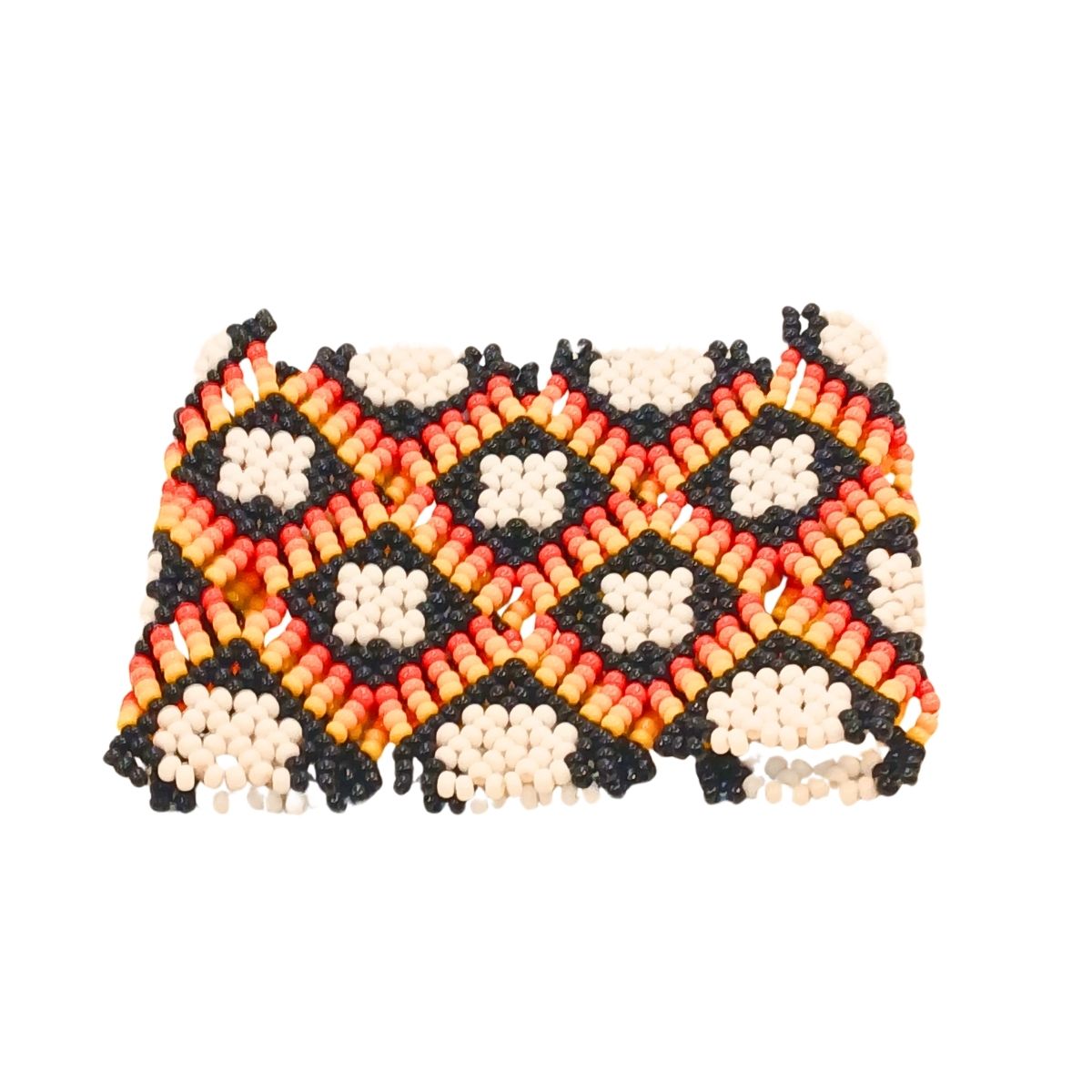 Pulseira elástica de miçangas com padrão repetido preto, branco e vermelho/laranja