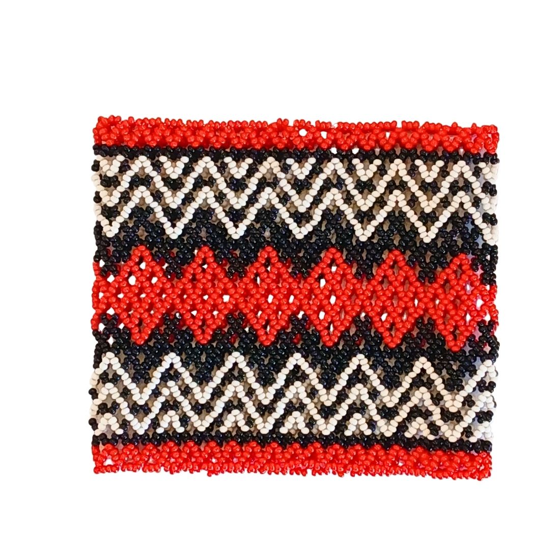 Pulseira de miçangas com faixa zigue-zague vermelho, preto e branco, elástica