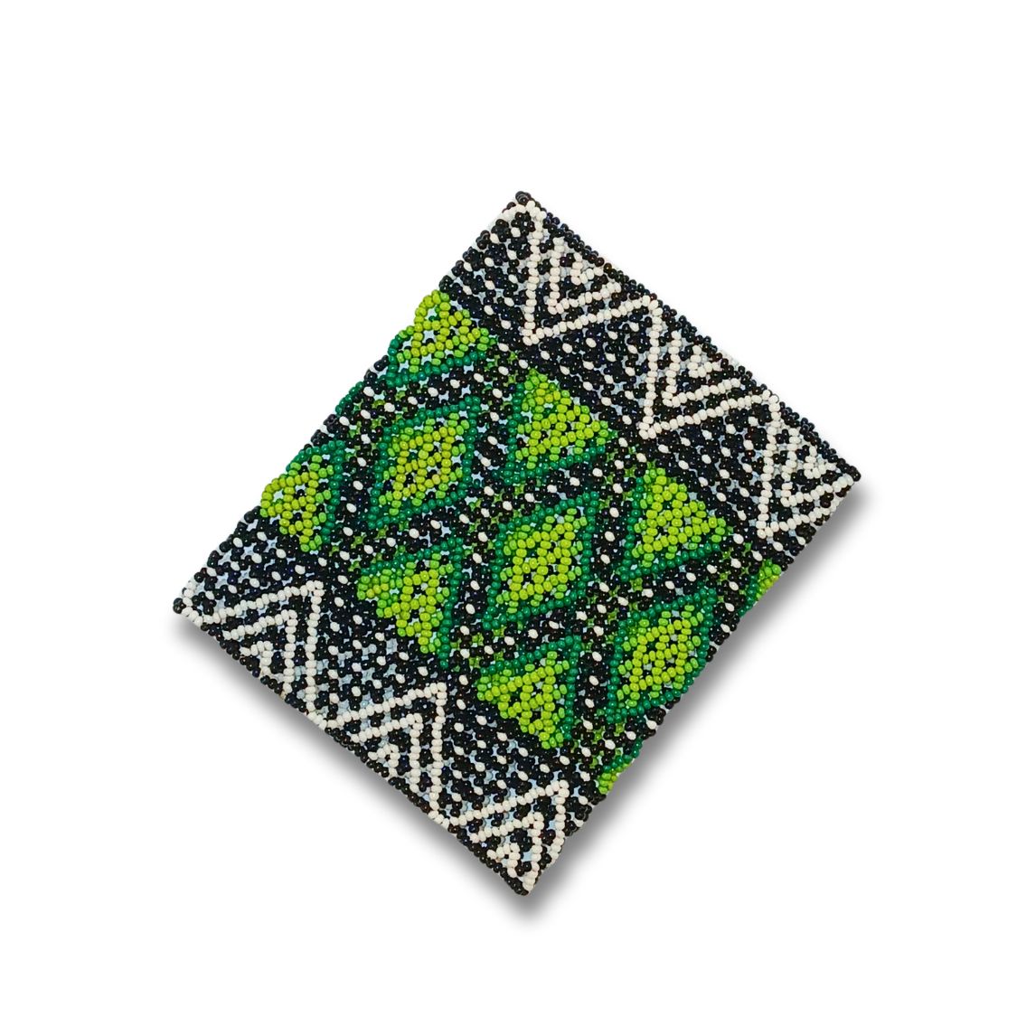 Pulseira de miçangas quadrada preta e branca com flores geométricas verde-limão