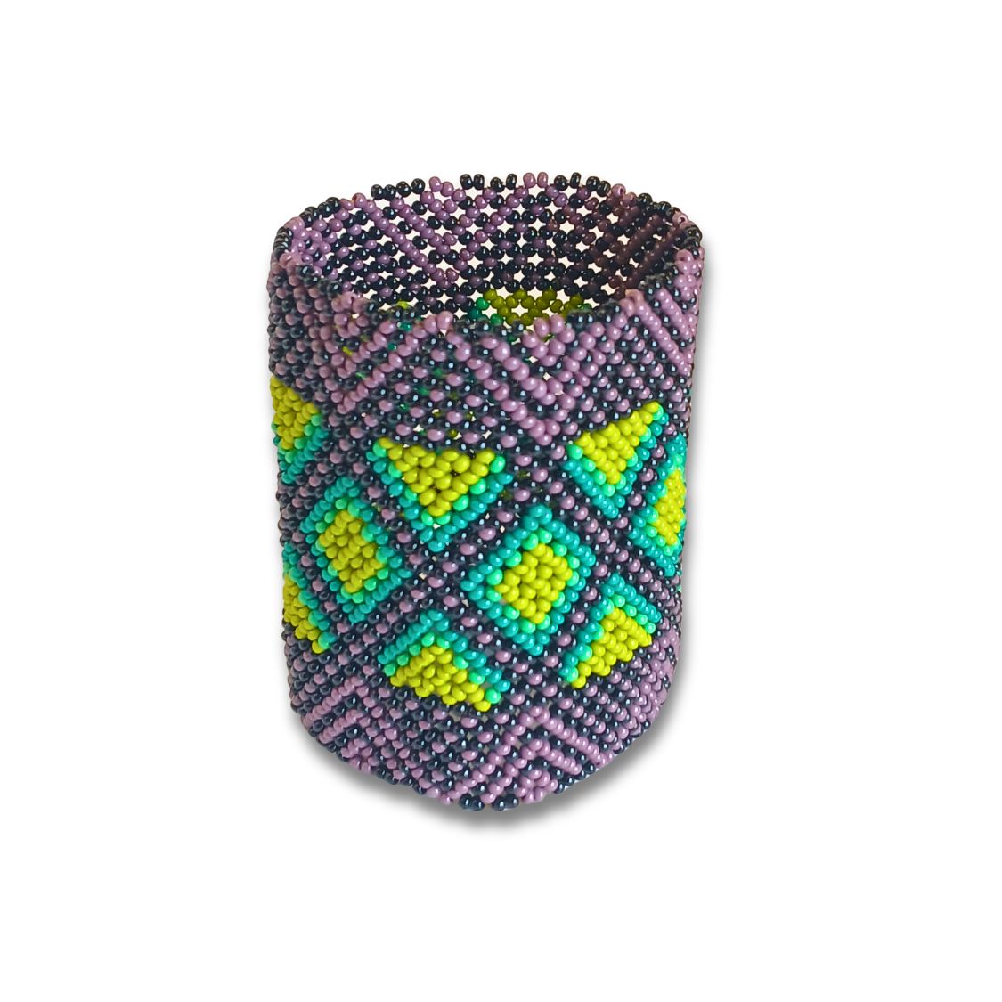 Pulseira de miçangas Waura elástica roxa com losangos amarelos e verdes