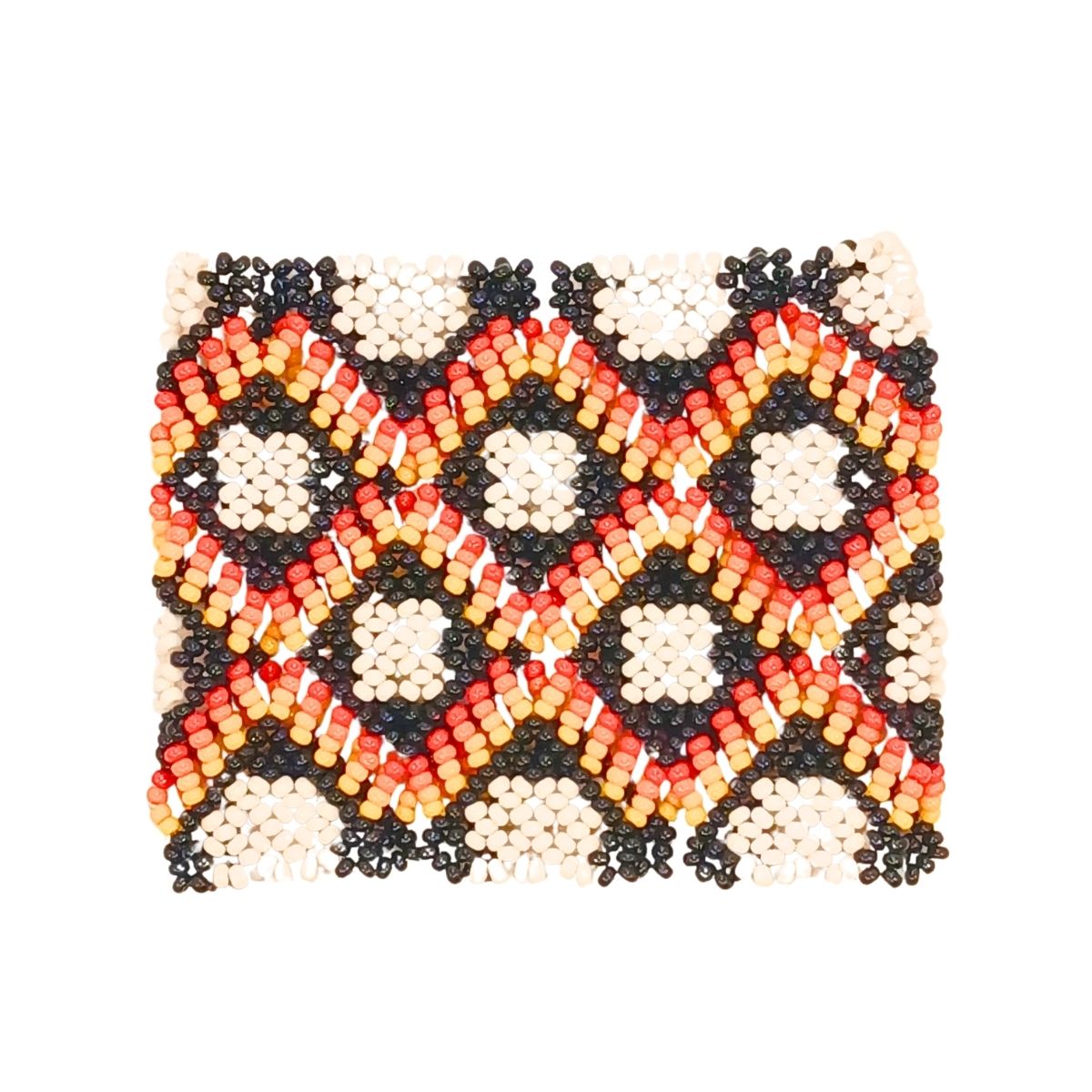 Pulseira de miçangas preta com motivos em flor branco e vermelho/laranja