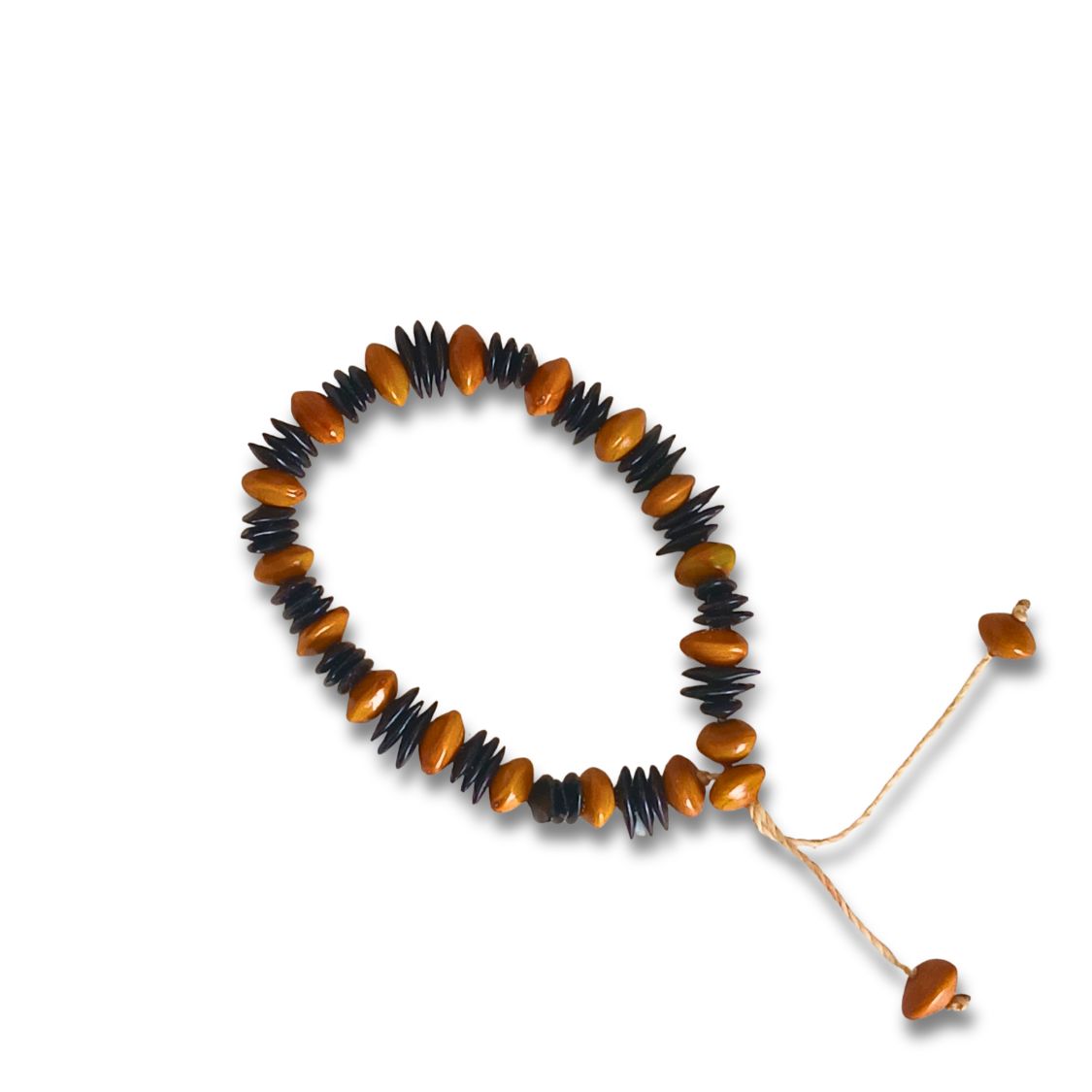Pulseira de sementes ajustável com contas laranja e azul-marinho, cordão com pontas.