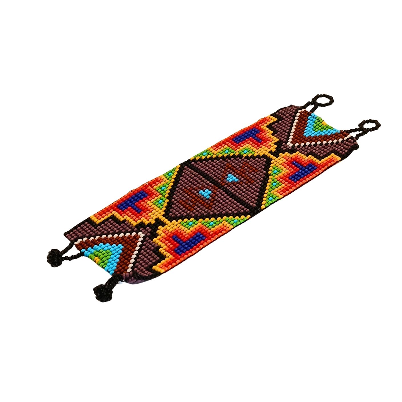 Pulseira de miçangas elástica com desenhos geométricos multicolor e pontas